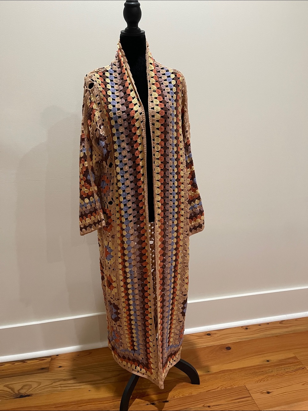 Three Bird Nest Multicolor Crochet Open Cardigan— Rust, Blue, Brown & Tan